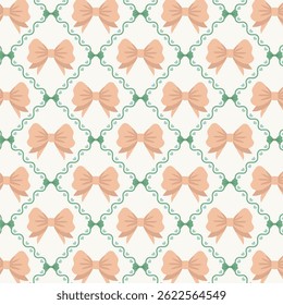 Cute seamless checkered pattern with vintage bows. Retro pattern with bows. Vector.