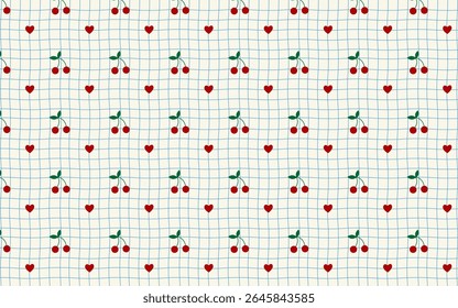 Cute seamless cherry and heart pattern on a gridded background. Perfect for fabric, apparel, digital paper, invitations, and charming product packaging. Sweet and playful design!