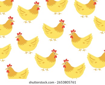 Cute seamless chicken pattern with farm-inspired design. Ideal for fabric prints, packaging, digital backgrounds, wrapping paper, and kids craft projects. High quality repeating vector.