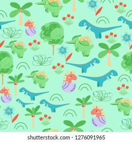 Cute seamless childish hand drawing pattern. Prehistoric period. Vector scandinavian illustration. Sketch of jurassic reptiles. Cartoon dinosaurs, trees, eggs, flowers.