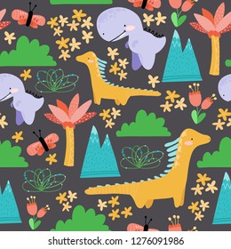 Cute seamless childish hand drawing pattern. Prehistoric period. Vector scandinavian illustration. Sketch of jurassic reptiles. Cartoon dinosaurs, palm trees, mountains, flowers.