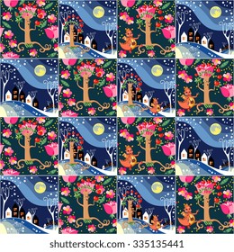 Cute seamless childish patchwork pattern. Adventure of apple tree and happy dragon. Can be used for kitchen textile or bed linen fabric, interior wallpaper design. Fairy vector illustration.  