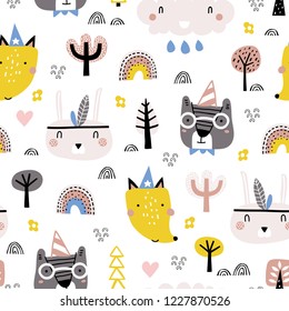Cute seamless childish pattern with animals in forest . Vector illustration. Scandinavian style childish texture for fabric, textile, wallpaper, kindergarten decoration.