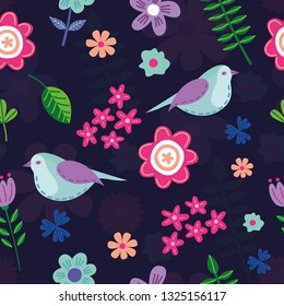 Cute seamless childish pattern with blue birds, pink, purple and blue flowers, leaves. Ideal for fabrics, clothing, wrapping paper, bed linen,covers