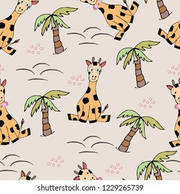 Cute seamless childish pattern with cartoon giraffes and palms. Creative scandinavian kids design for fabric, wrapping, textile, wallpaper, apparel, cards. Vector illustration