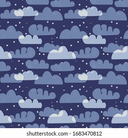 Cute seamless childish pattern with clouds and stars, vector