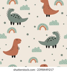 Cute seamless childish pattern with cute dinosaurs. Kids texture for fabric, wrapping, textile, wallpaper, apparel. 