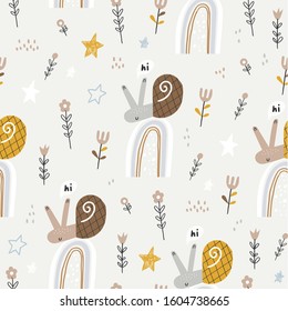 Cute seamless childish pattern with flowers and snails. Creative kids texture. Vector illustration
