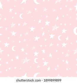 Cute Seamless childish pattern with hand drawn white stars and moon. Creative background for kids texture for fabric, wrapping, textile, wallpaper, apparel. Cartoon style. Great for girls. Vector.