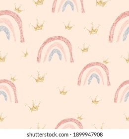 Cute Seamless childish pattern with hand drawn rainbow and crown. Creative background for kids texture for fabric, wrapping, textile, wallpaper, apparel. Cartoon style. Great for girls. Vector.