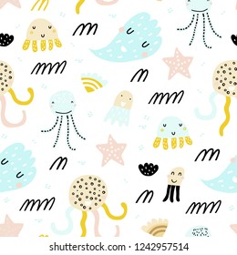 Cute seamless childish pattern with jellyfish, octopust and waves. Creative under sea kids texture for fabric, wrapping, textile, wallpaper, apparel. Vector pattern. Summer marina background.