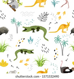 
Cute seamless childish  pattern with kangaroo, crocodile, echidna, clouds, ostrich, koala, palm trees, grass, geometric shapes. Baby Vector Illustration . Creative kids city texture for fabric.