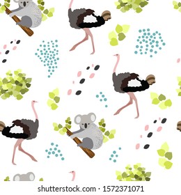 
Cute seamless childish  pattern with kangaroo, crocodile, echidna, clouds, ostrich, koala, palm trees, grass, geometric shapes. Baby Vector Illustration in scandinavian style.