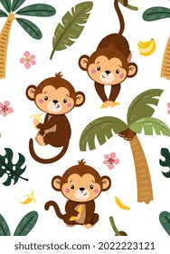 Cute seamless childish pattern with cute monkeys swinging from palms on white background. Jungle childish texture template for creative use. Great for fabric, textile Flat cartoon vector illustration