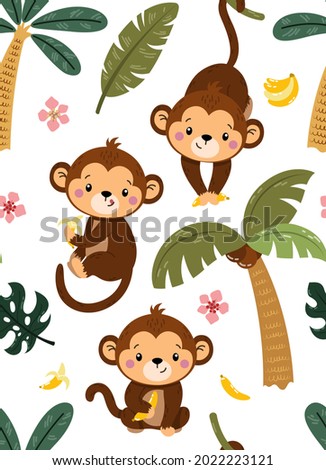 Cute seamless childish pattern with cute monkeys swinging from palms on white background. Jungle childish texture template for creative use. Great for fabric, textile Flat cartoon vector illustration