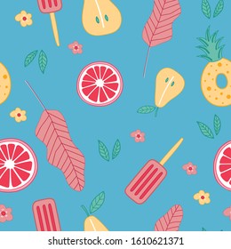 Cute seamless childish pattern on a blue background with food, leaves, flowers. Ice cream, popsicle, citrus, grapefruit, pineapple, pear