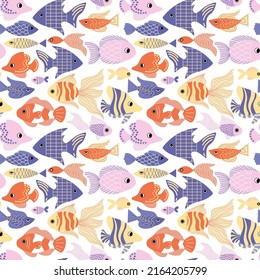 Cute seamless childish pattern with sea animals and fish. Bright background for the design of textiles, notepads, wallpaper, paper, scrapbooking. Colorful fish in doodle style