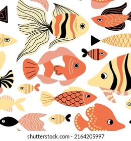 Cute seamless childish pattern with sea animals and fish. Bright background for the design of textiles, notepads, wallpaper, paper, scrapbooking. Colorful fish in doodle style