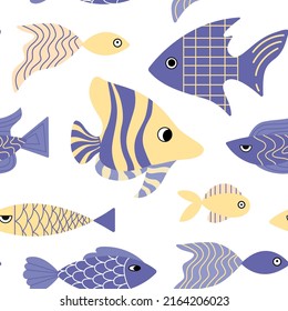 Cute seamless childish pattern with sea animals and fish. Bright background for the design of textiles, notepads, wallpaper, paper, scrapbooking. Colorful fish in doodle style