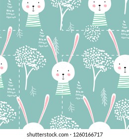 Cute seamless childish pattern vector illustration with bunny. Creative scandinavian style kids deisgn texture for wallpaper, apparel, fabric, wrapping, textile, posters, cards, t-shirts