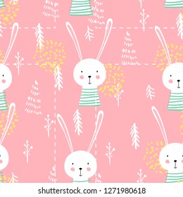 Cute seamless childish pattern vector illustration with bunny. Creative scandinavian style kids deisgn texture for wallpaper, apparel, fabric, wrapping, textile, posters, cards, t-shirts
