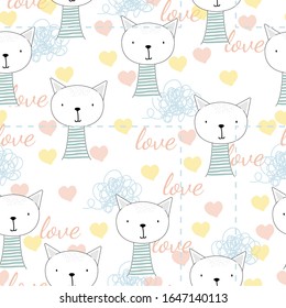 Cute seamless childish pattern vector illustration with cat. Creative scandinavian style kids deisgn texture for wallpaper, apparel, fabric, wrapping, textile, posters, cards, t-shirts
