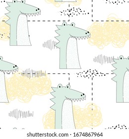 Cute seamless childish pattern vector illustration with crocodile. Creative scandinavian style kids deisgn texture for wallpaper, apparel, fabric, wrapping, textile, posters, cards, t-shirts