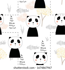 Cute seamless childish pattern vector illustration with panda. Creative scandinavian style kids deisgn texture for wallpaper, apparel, fabric, wrapping, textile, posters, cards, t-shirts