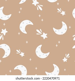 Cute seamless childish simple pattern for kids with cute moons and stars in Scandinavian style. Baby pattern with night sky. Fabric design. Wallpaper. Kids room design.