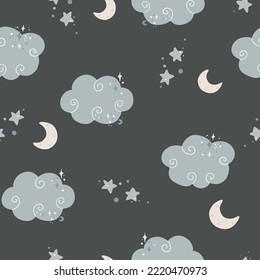 Cute seamless childish simple pattern for kids with cute clouds and stars in Scandinavian style. Baby pattern with clouds. Fabric design. Wallpaper.