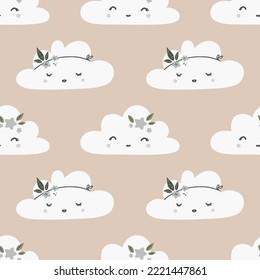 Cute seamless childish simple pattern for kids with cute clouds and stars in Scandinavian style. Baby pattern with clouds. Fabric design. Wallpaper.