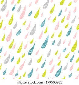 Cute seamless childish texture with colored rains. Endless ornamental pattern with drops on white background. Template for design fabric, covers, backgrounds, package.