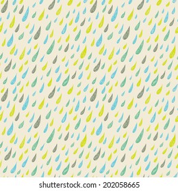 Cute seamless childish texture with colored rains. Endless ornamental pattern with drops on pastel background. Template for design fabric, covers, package.