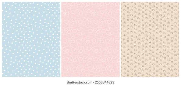 Cute Seamless Childish Vector Patterns. Abstract Hand Drawn Doodle Print. White Stars And Polka Dots on a Light Beige and Pastel Blue Background. Simple Irregular Geometric Pattern with Stripes. RGB.