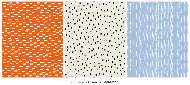 Cute Seamless Childish Vector Patterns. Abstract Hand Drawn Doodle Print. White and Black Spots Isolated on an Orange, Ivory and Pastel Blue Background. Simple Irregular Geometric Pattern. RGB.