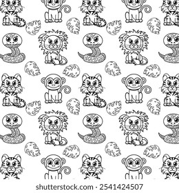Cute seamless children pattern with animals. Coloring page for kids and adults. Mermaid colouring book