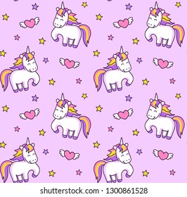 Cute seamless children pattern with magic unicorns and hearts on a pink background. Vector illustration.