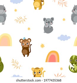 cute seamless childrens pattern with safari animals and rainbow. newborn baby