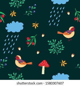 cute seamless children's stylized autumn pattern on a dark green background with elements of birds, leaves, blueberries, clouds with raindrops, acorns