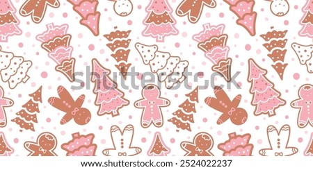 Cute seamless Christmas background featuring gingerbread cookies, candy canes, stockings and snowflakes. Ideal for holiday fabric printing, baby products, gift wrap and winter surface design projects.