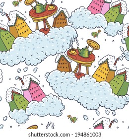 Cute seamless Christmas Background with Houses and Tea Party Invitation Card, Vector illustration