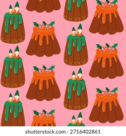 Cute seamless Christmas cake pattern with gnomes and winter berries. Cozy hand drawn vector.