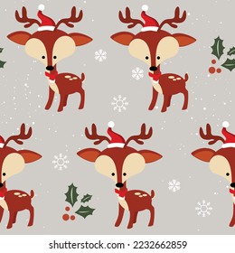 cute seamless christmas deer with santa hat vector pattern 