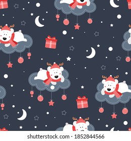 Cute seamless christmas pattern with bear. Cute bear on a cloud. Stars, gifts, snow, snowflakes, hat, scarf. Childrens vector background. Printing on wrapping paper, fabric.