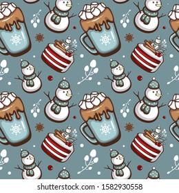 Cute seamless Christmas pattern with Cacao marshmallow, Red Velvet cakes and snowmans. Vector illustration for winter decoration and festive textile print.