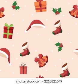Patrón de Navidad impecable con calcetines de dibujos animados, campanas, cajas de regalo y sombrero de Papá Noel 