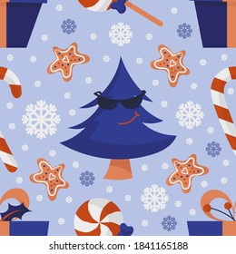 Cute seamless Christmas pattern with a cool Christmas tree in sunglasses, candies, gingerbread cookies, snowflakes and presents. Purple background. Flat style illustration.