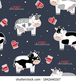 Cute seamless Christmas pattern with cows. Year of the bull. New Year. Merry Christmas. Printing on fabric, wrapping paper, clothing. 2021. Snow, snowflakes, dark background.