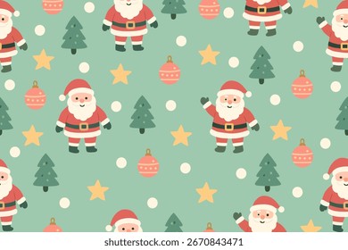 Cute seamless Christmas pattern featuring Santa Claus, Christmas trees, stars, ornaments, and snowflakes on a soft green background. Perfect for festive wrapping and holiday decor.