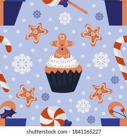 Cute seamless Christmas pattern with gingerbread cookies, cupcakes, candies, snowflakes and presents. Purple background. Flat style illustration.